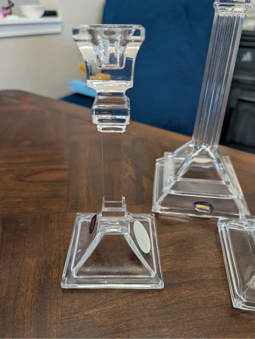 Set of 3 Square Base 24% Lead Crystal Taper Candlesticks Made in U.S.A.